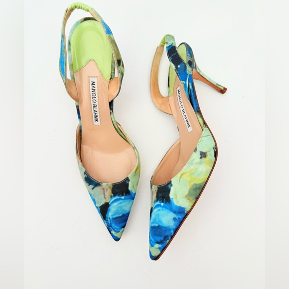 Manolo Blahnik Green Blue Floral Cloth Carolyne 70mm slingback pumps EU 38.5 - Picture 2 of 8